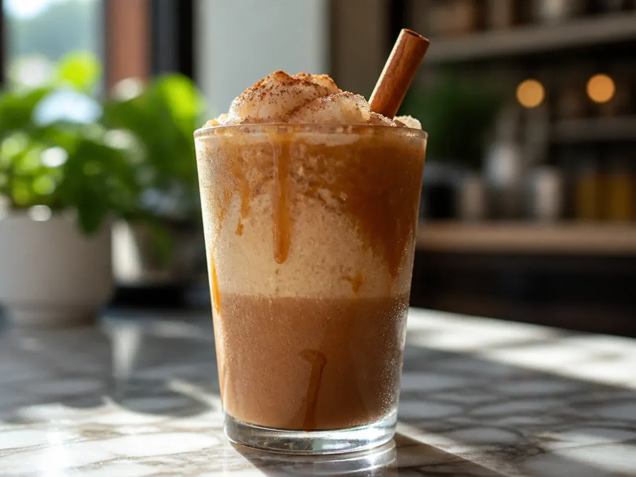 Layered caramel and mocha frozen coffee drink showing distinct swirled layers
