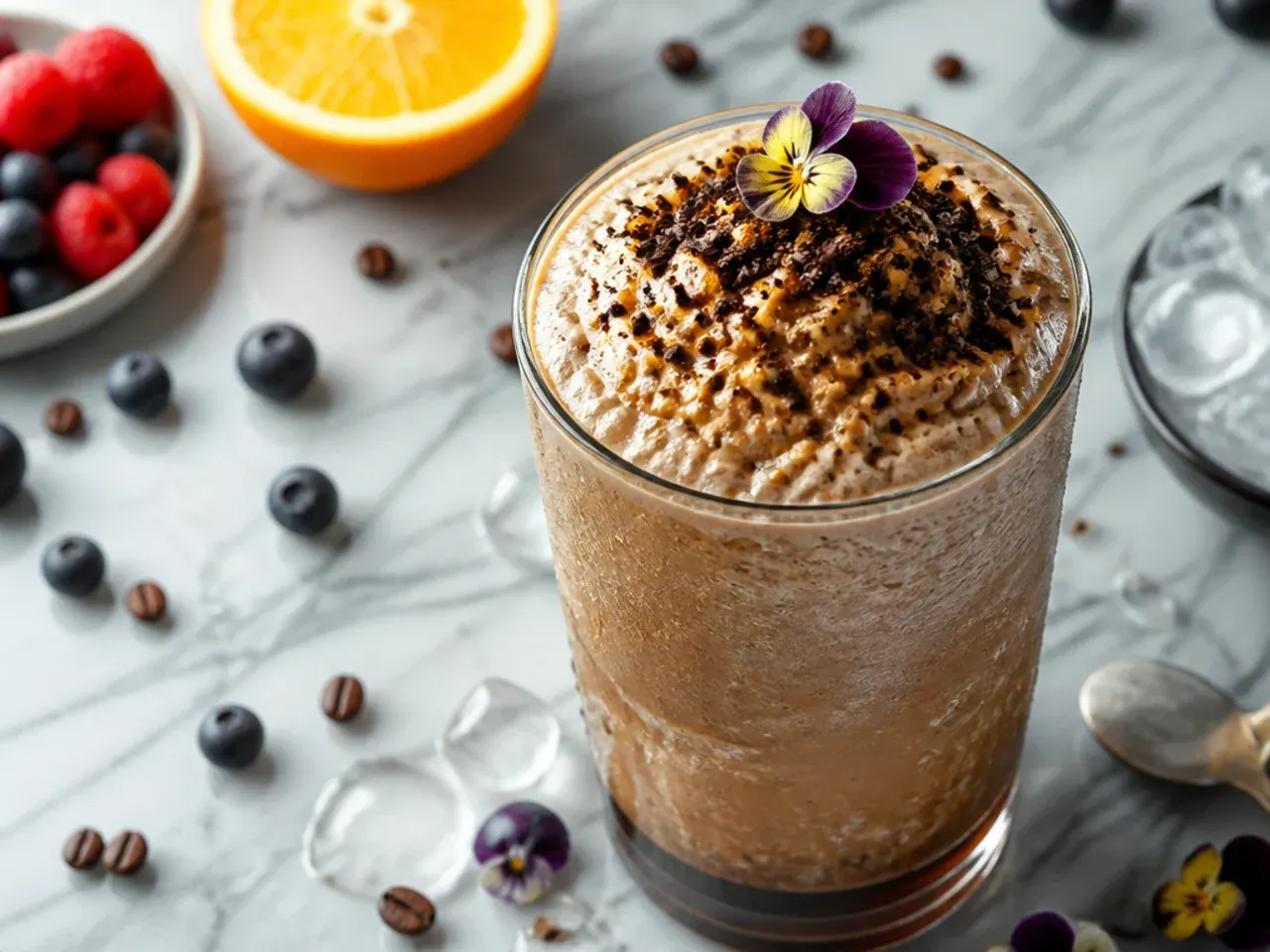 Bold espresso frozen coffee drink with visible dark coffee ice cubes blended through