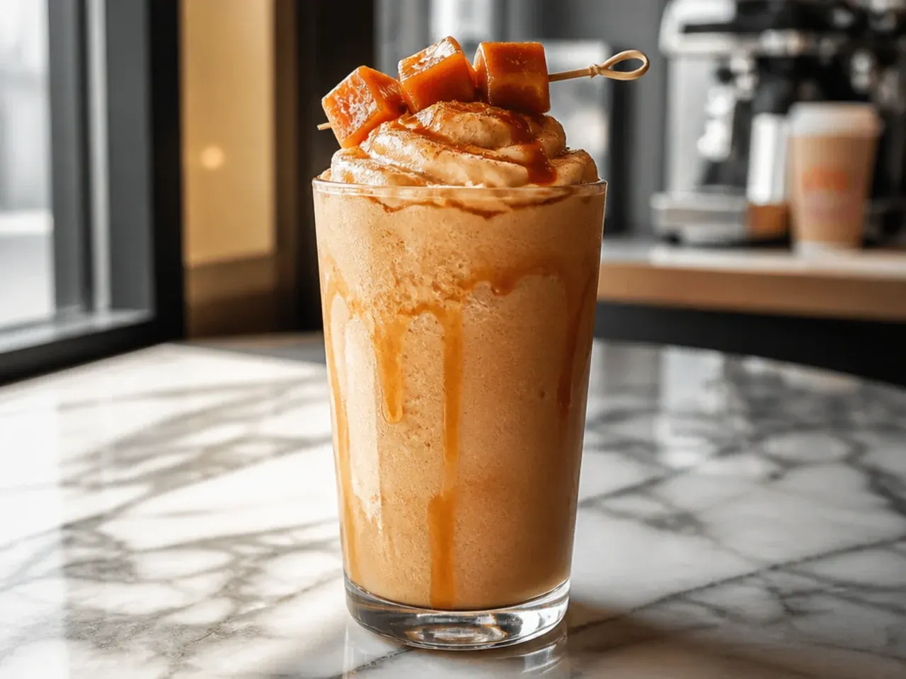 Smooth oat milk frozen latte in a glass with light beige foam on top