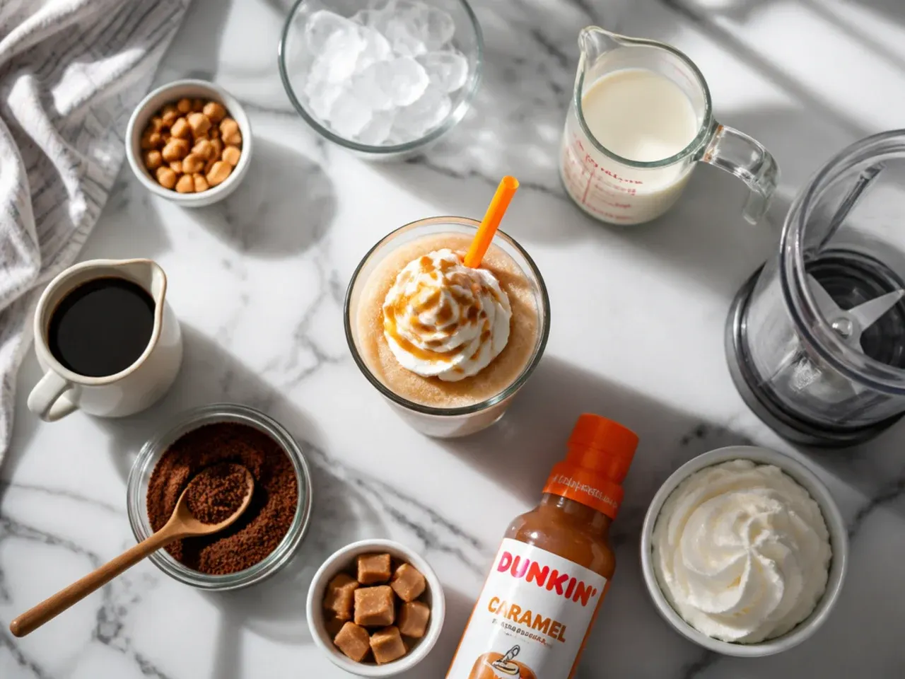 Close-up of coffee ice cubes and a blender being used to make frozen Dunkin drinks