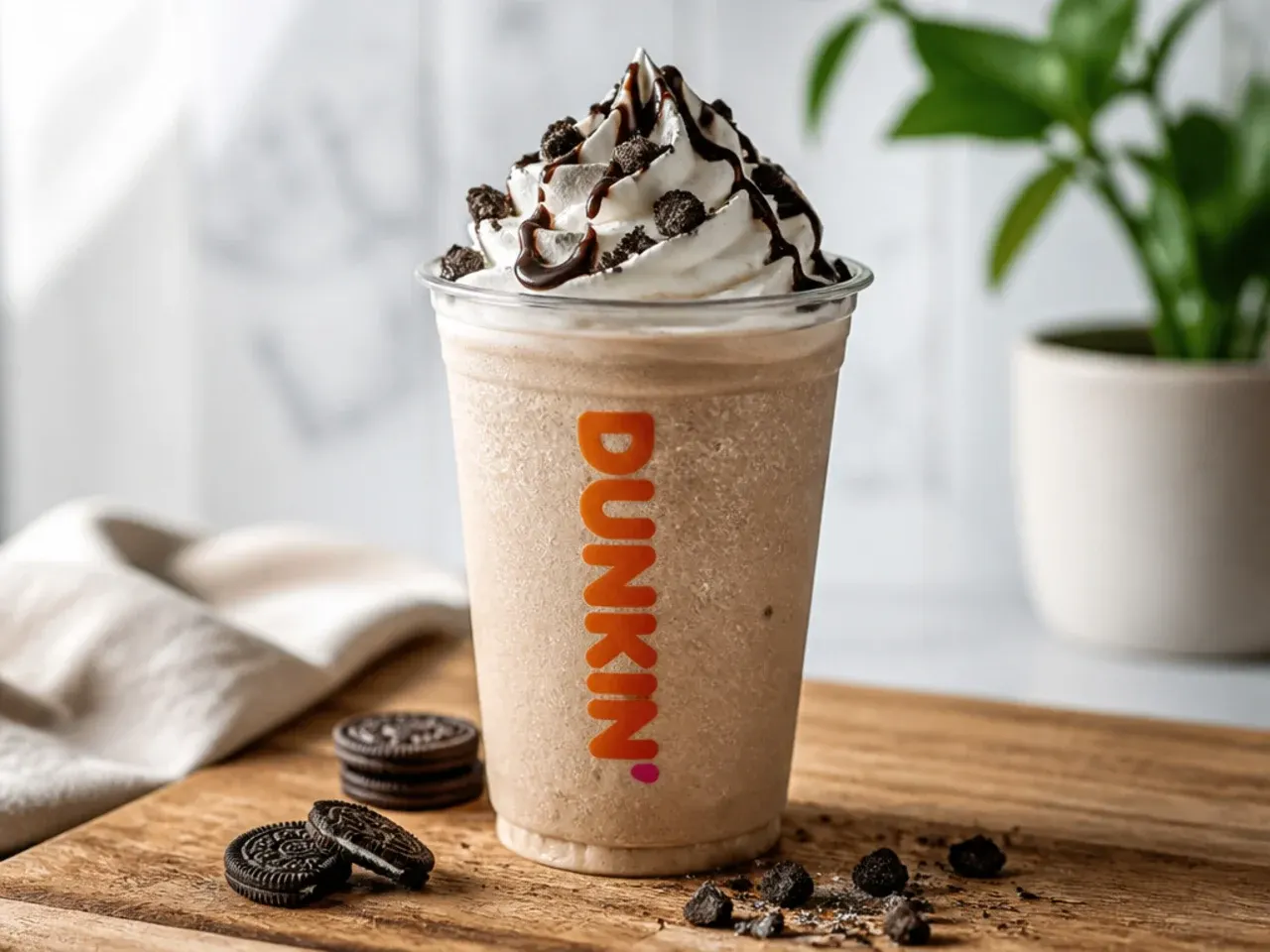 Frozen Dunkin-style drink being garnished with whipped cream and caramel drizzle