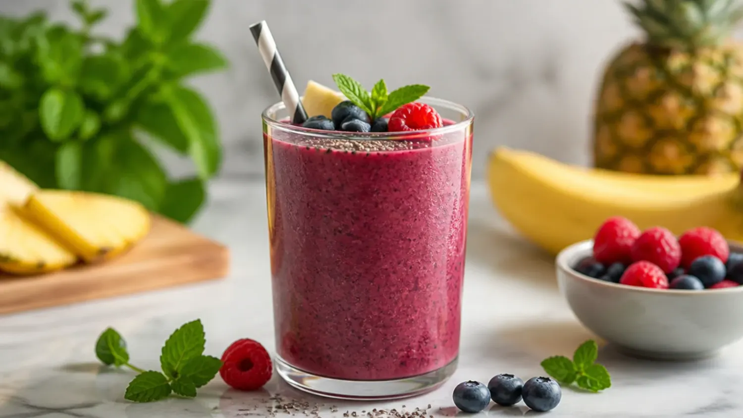 Overhead shot of a colourful healthy fruit smoothie in a glass, topped with fresh berries and a mint sprig, surrounded by whole fruit