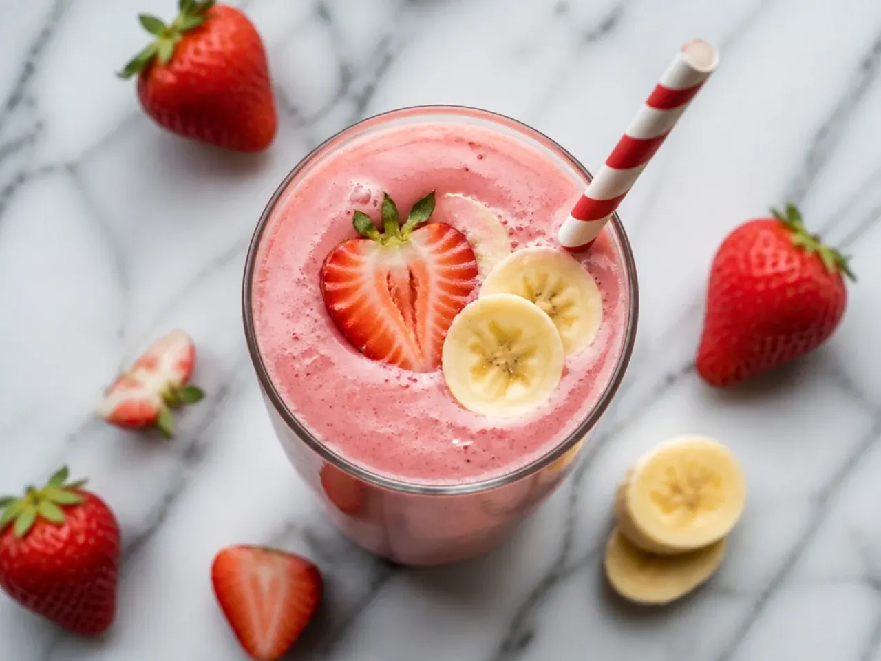 Strawberry-banana smoothie in a tall glass with a fresh strawberry on the rim