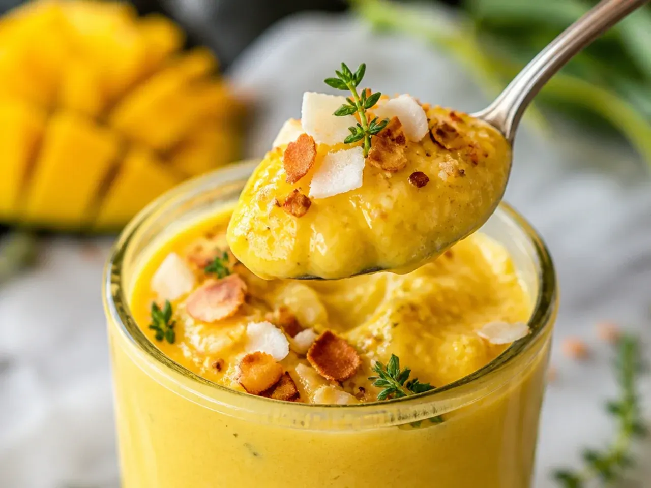 Bright yellow mango-pineapple smoothie in a glass with a pineapple wedge garnish