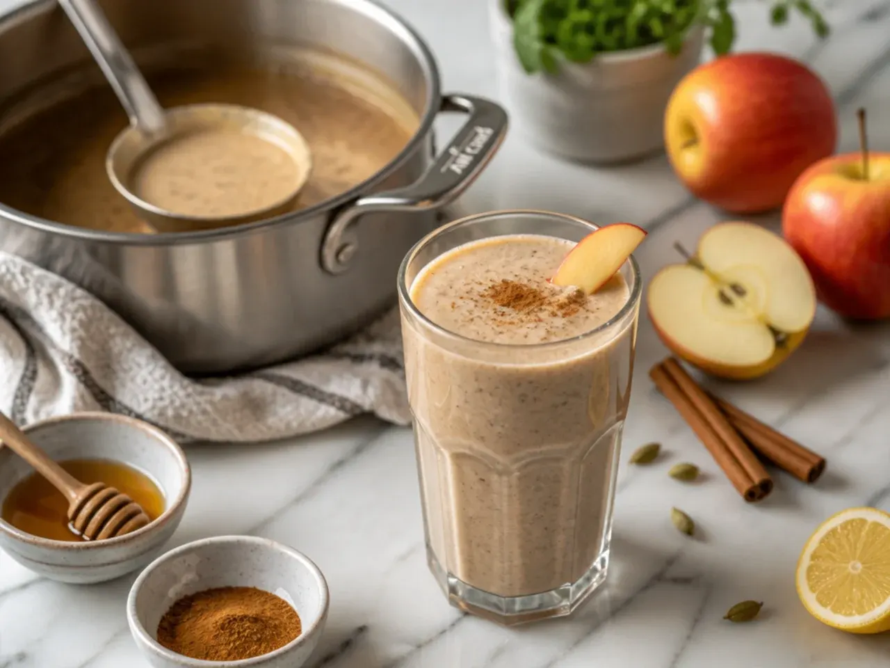 Apple-cinnamon smoothie in a glass dusted with cinnamon, apple slices beside it