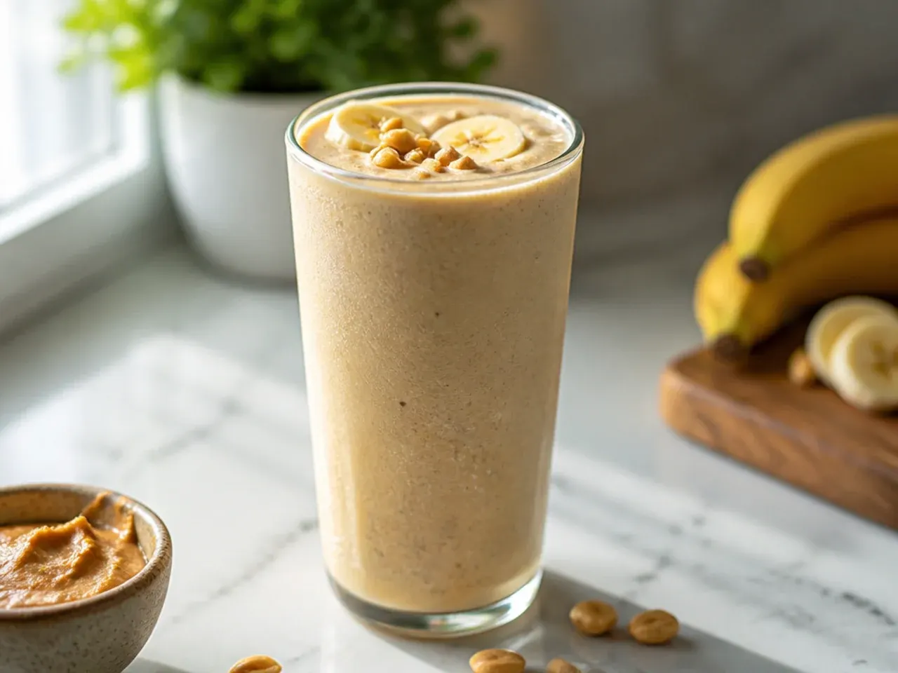 Thick peanut butter banana smoothie in a glass with a drizzle of peanut butter on top