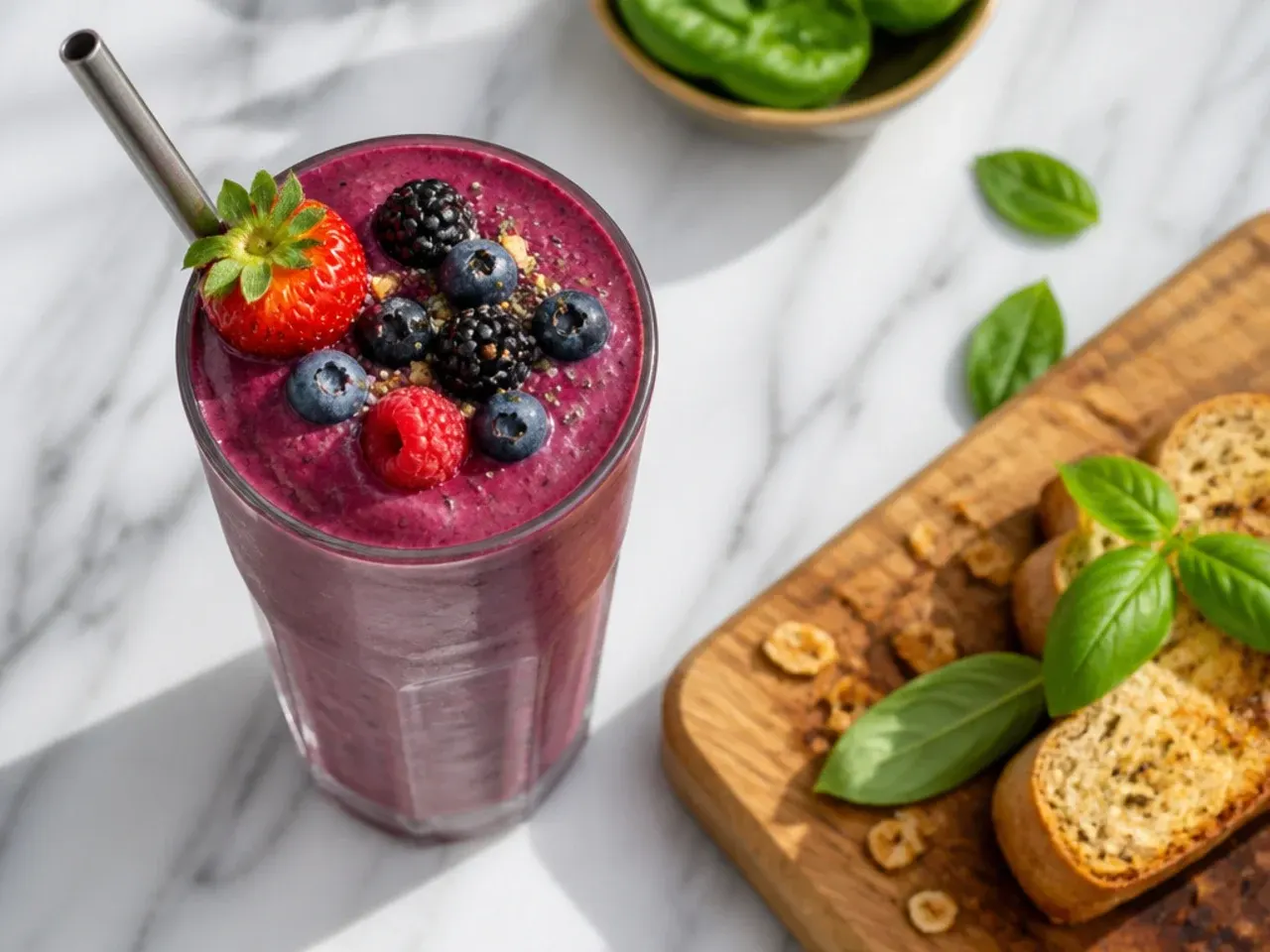 Deep purple mixed berry smoothie in a mason jar with fresh berries scattered around