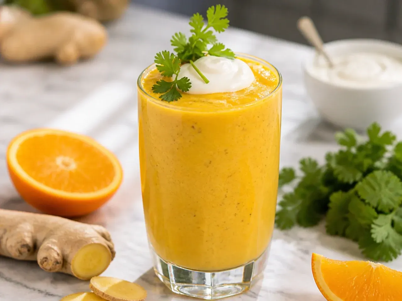 Orange citrus-ginger smoothie in a glass with orange slices and fresh ginger root beside it