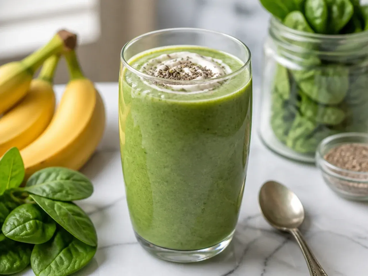 Green spinach-banana smoothie in a glass beside fresh spinach leaves and a banana