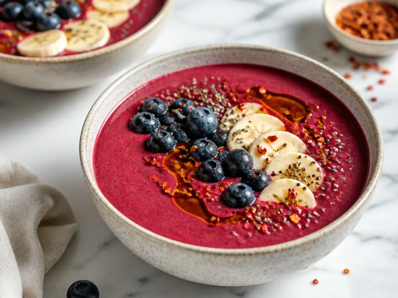 Berry smoothie poured into a to-go cup on a kitchen counter beside a jar of nut butter