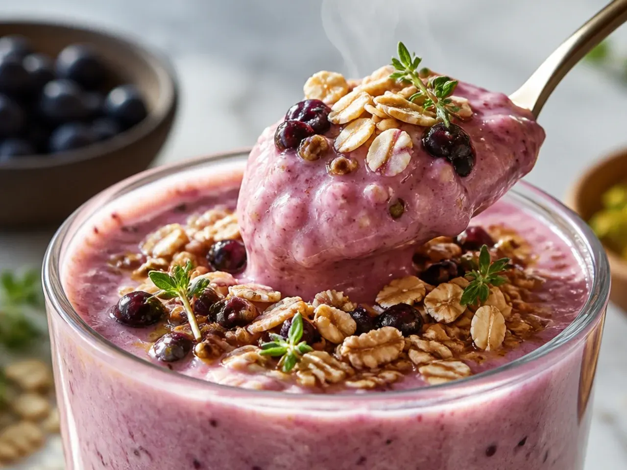 Thick oat and berry smoothie in a rustic mason jar with a spoon and scattered oats