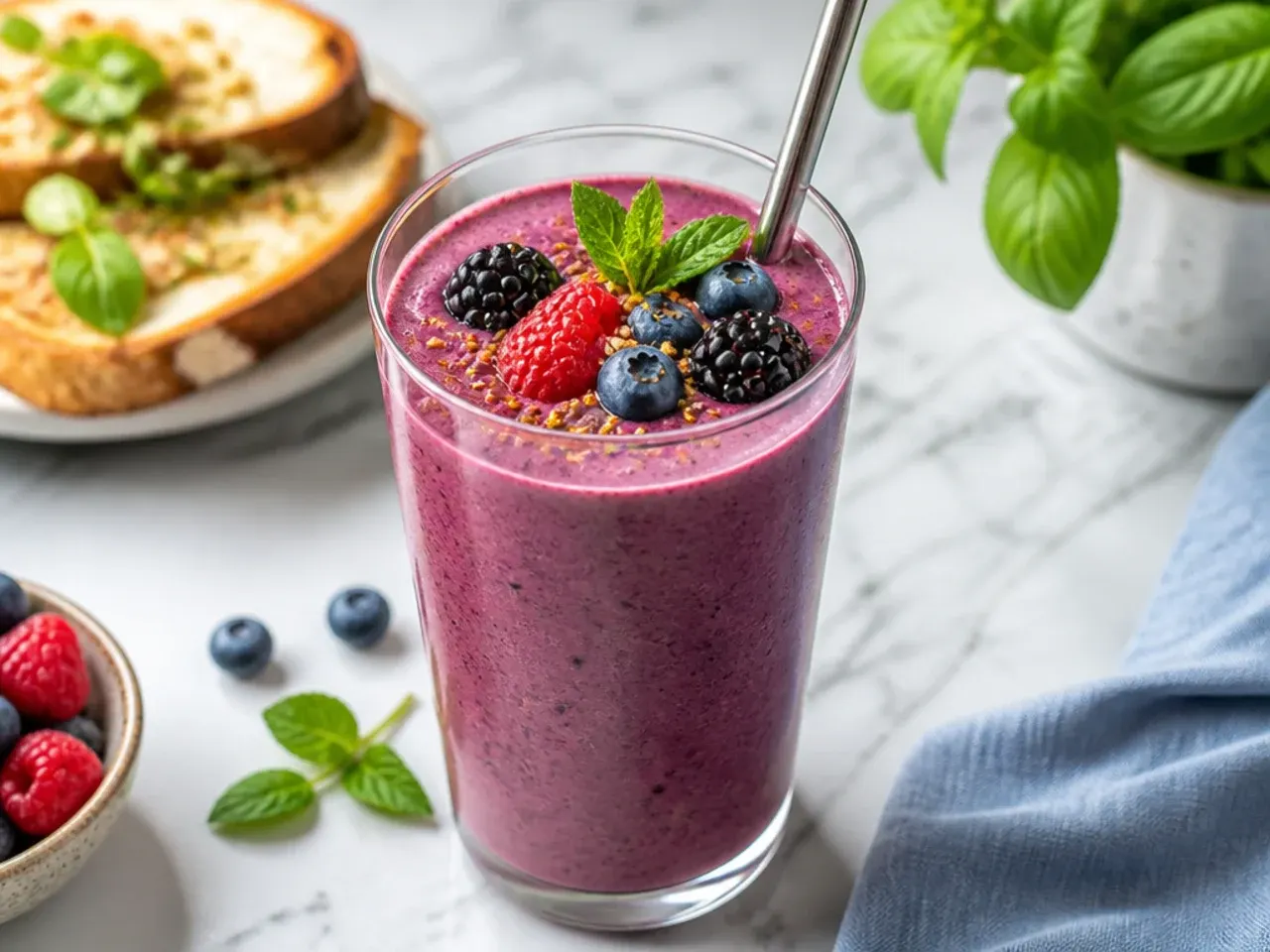 Thick mixed berry protein smoothie in a glass with a scoop of protein powder beside it