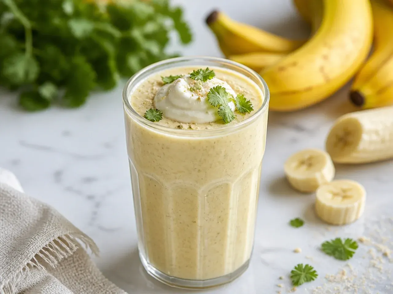 Creamy frozen banana smoothie in a glass with banana slices on top