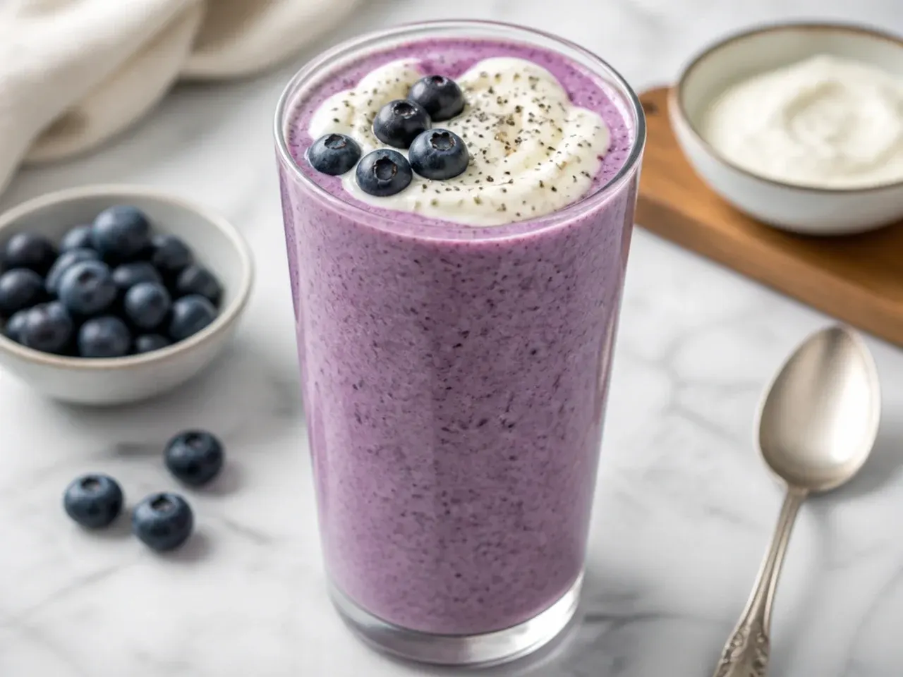 Deep purple blueberry yogurt smoothie in a glass with fresh blueberries scattered around