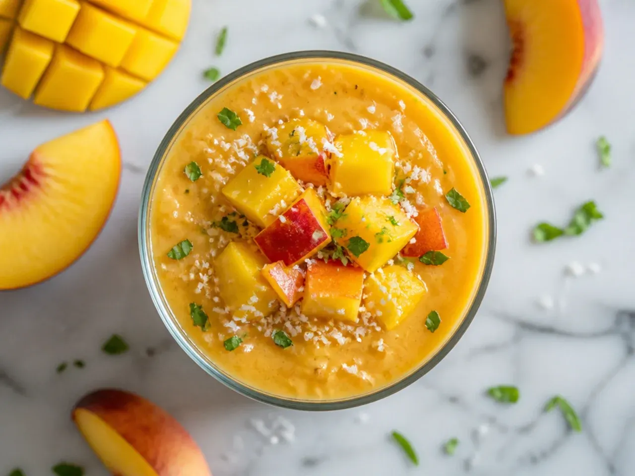 Sunny orange peach-mango smoothie in a glass with a peach slice garnish