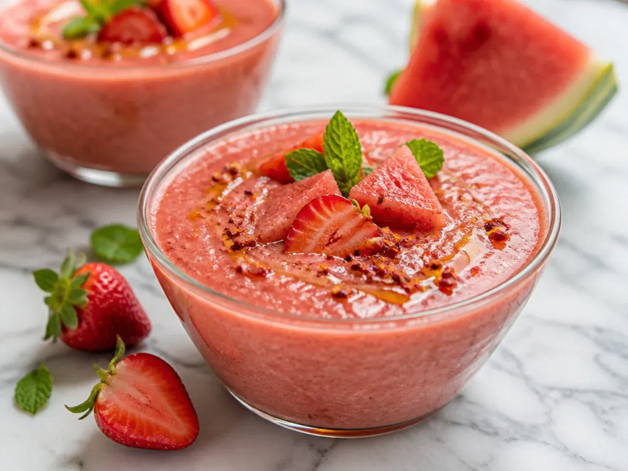 Pink watermelon-strawberry smoothie in a glass with a wedge of watermelon on the side
