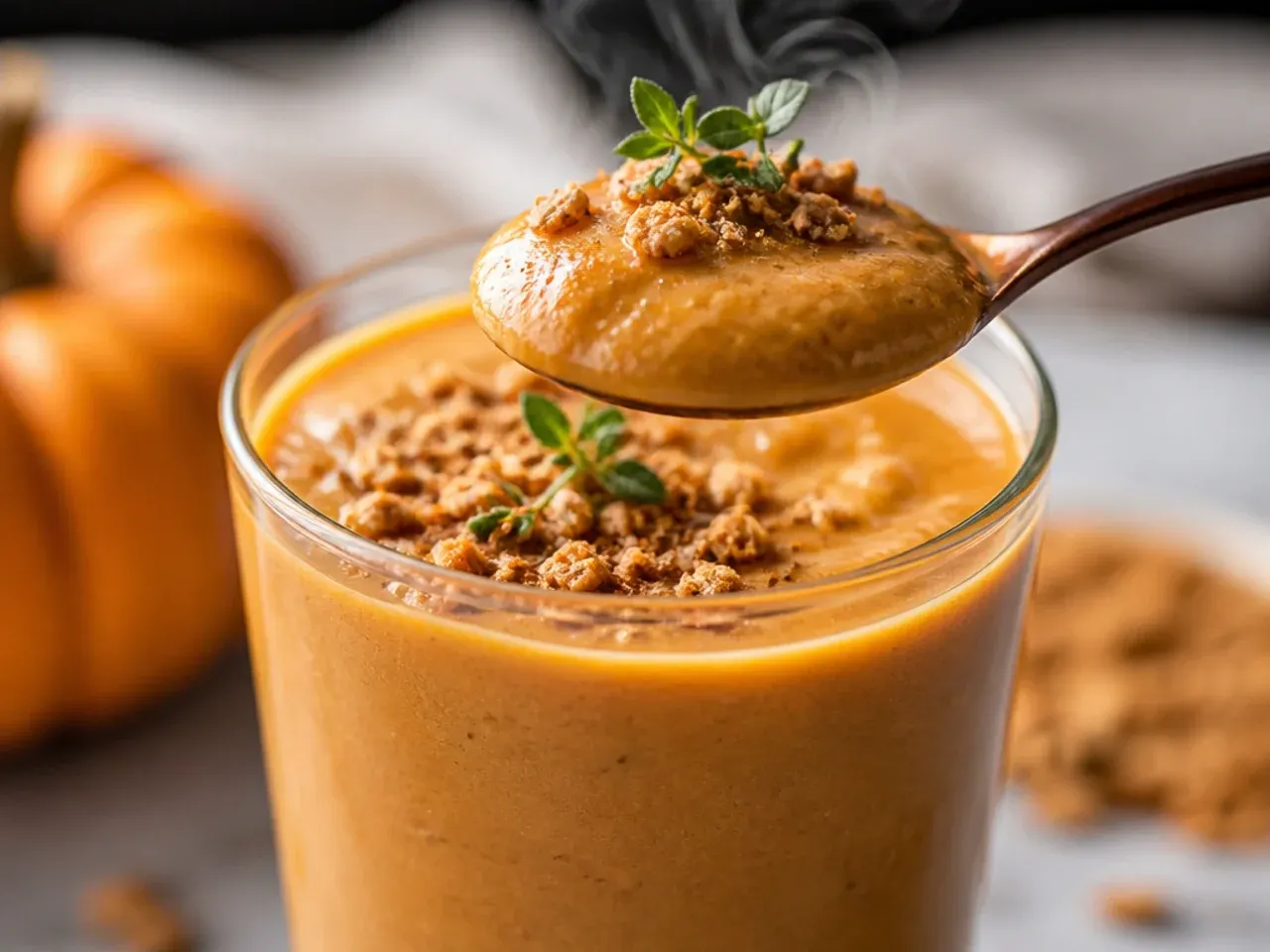 Orange pumpkin spice smoothie in a glass dusted with cinnamon and pumpkin spice