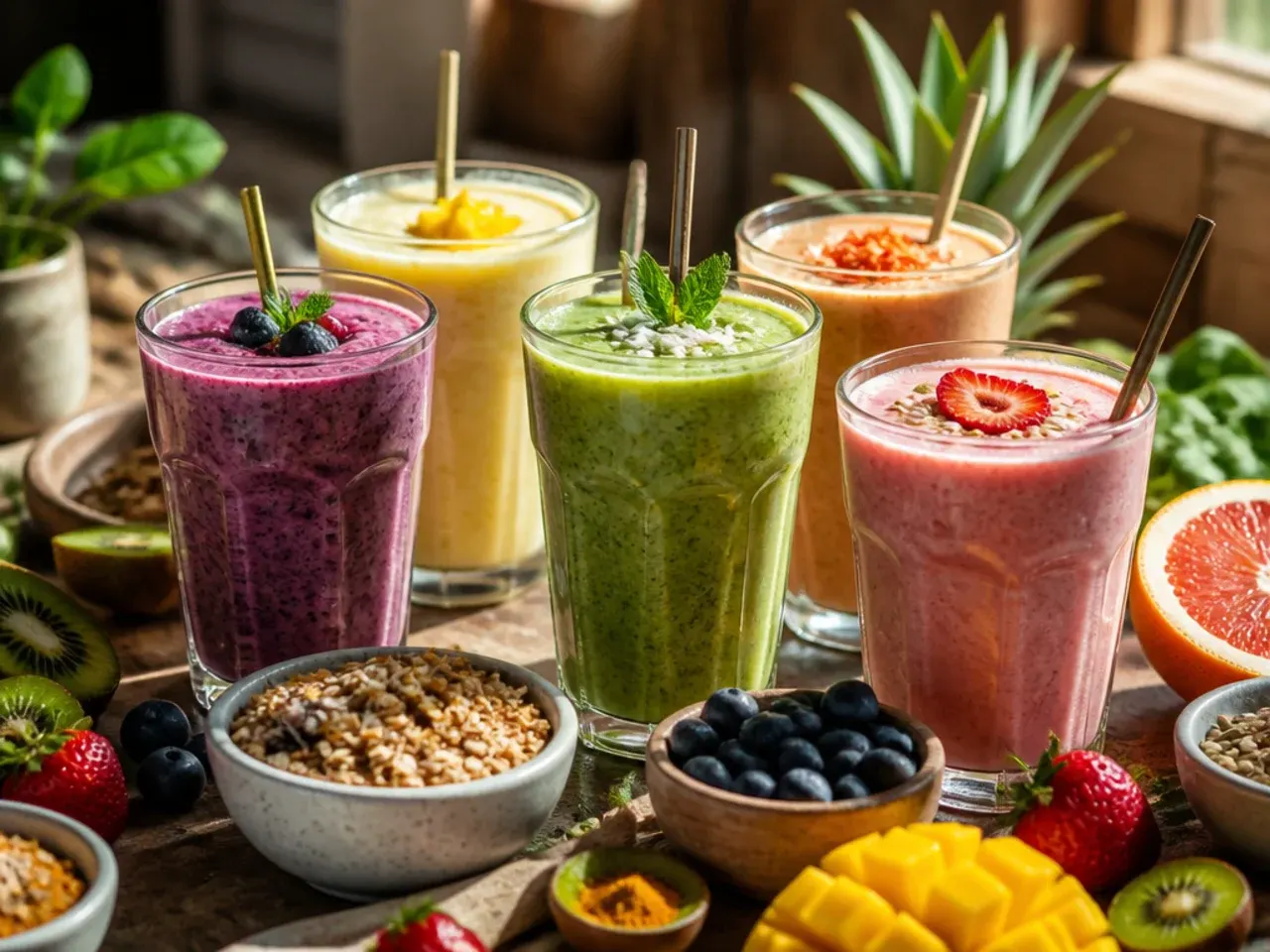Smoothie bowl topped with granola and fruit next to a glass smoothie and toast