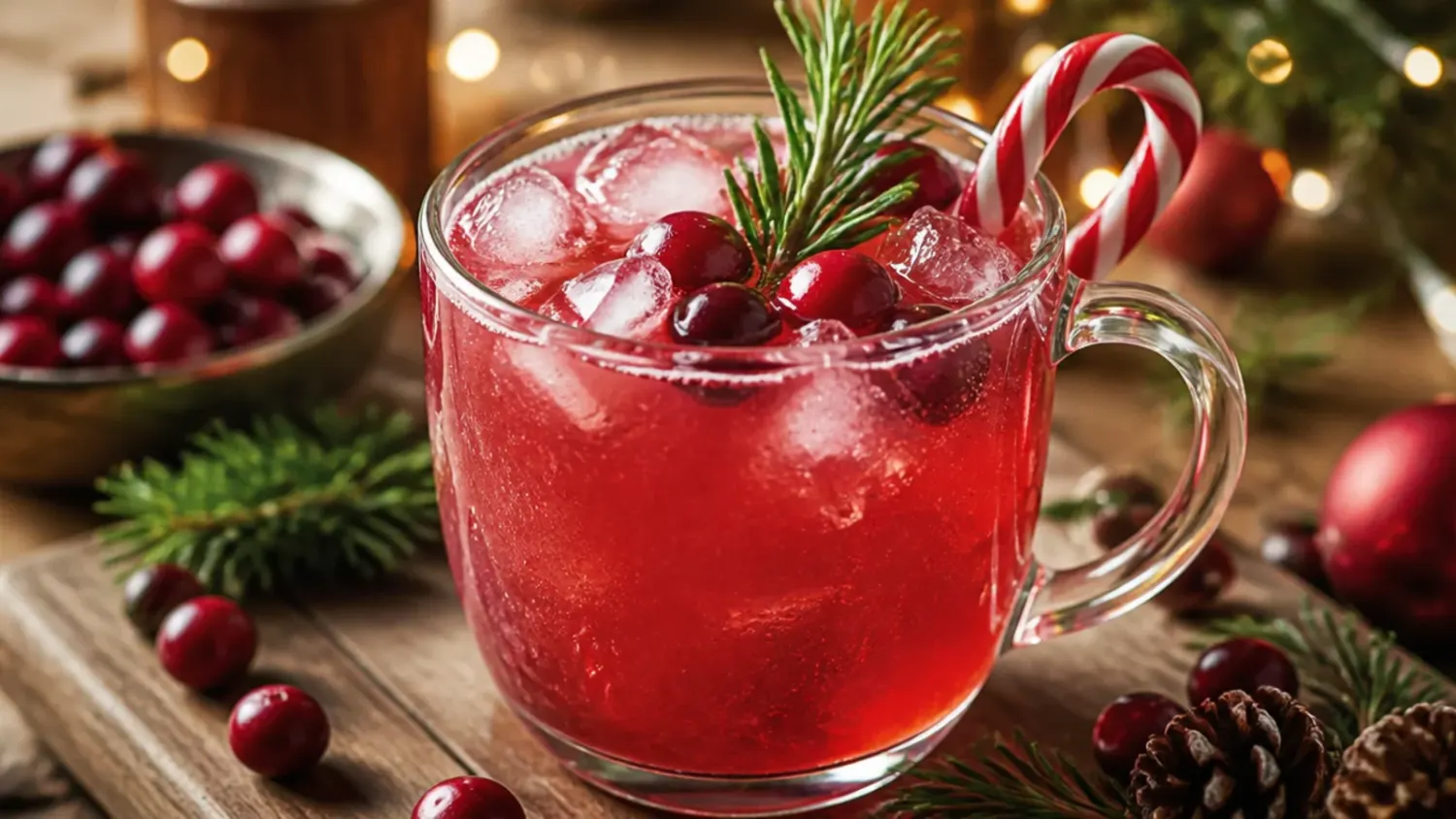 A festive holiday drinks table with mulled wine, eggnog lattes and sparkling cranberry punch garnished with cinnamon sticks and orange slices