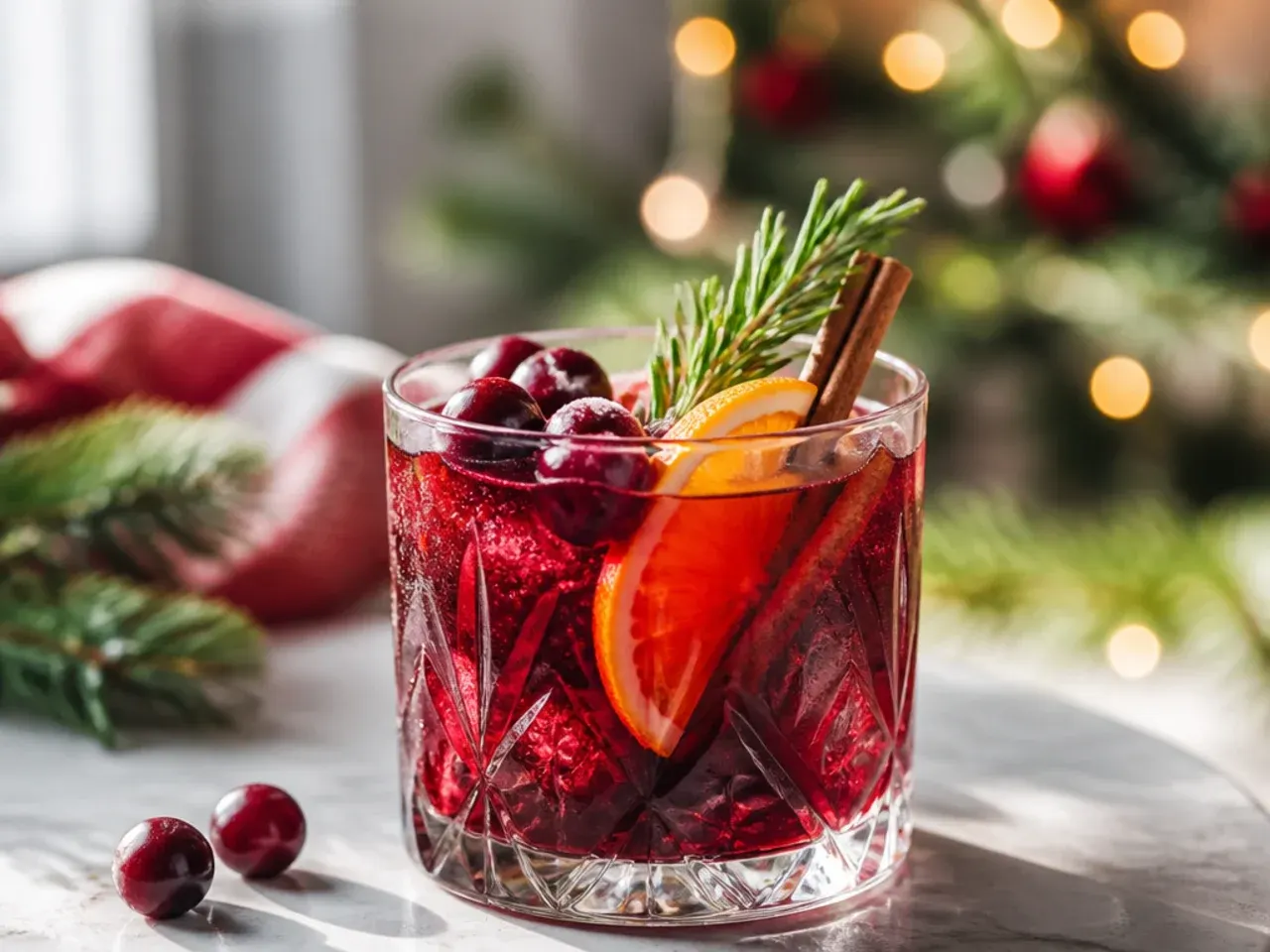 Overhead shot of several festive Christmas drinks in mugs and glasses arranged on a table with pine and cinnamon stick decorations