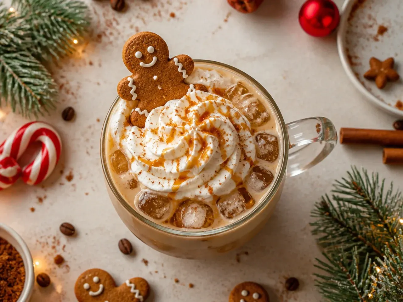 Iced gingerbread latte in a tall glass with visible espresso and milk layers, topped with a cinnamon stick
