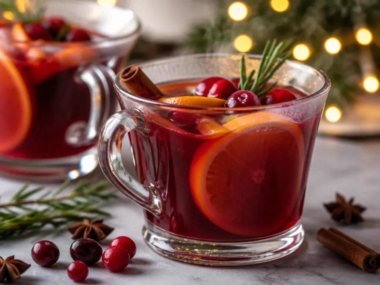 Glass mug of deep red mulled wine with a cinnamon stick, star anise and orange slice floating on top