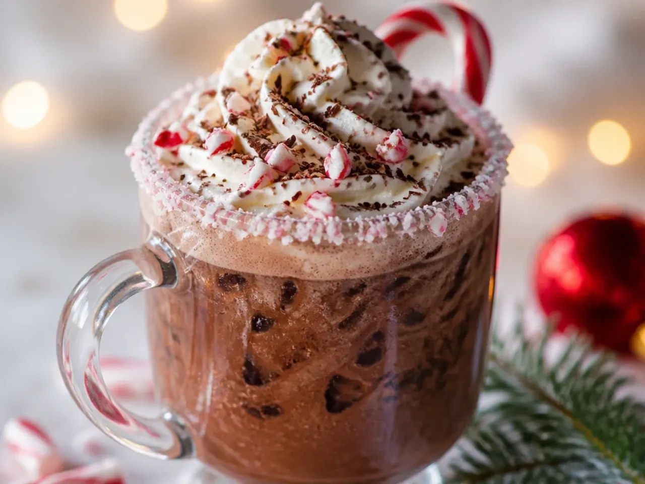 Peppermint mocha in a clear glass mug topped with whipped cream and crushed candy cane pieces