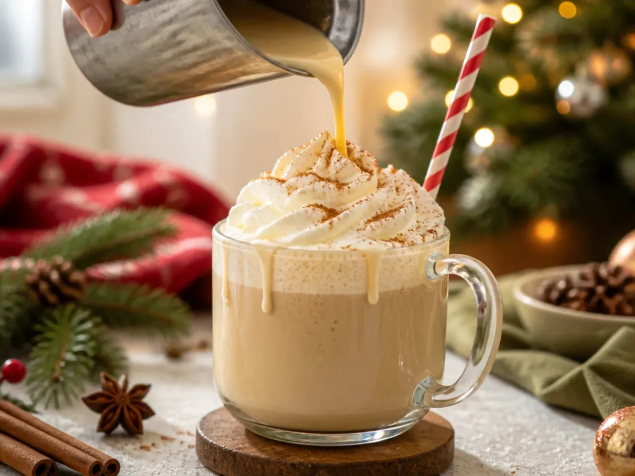 Creamy eggnog latte in a mug dusted with ground nutmeg on a wooden table with holiday greenery