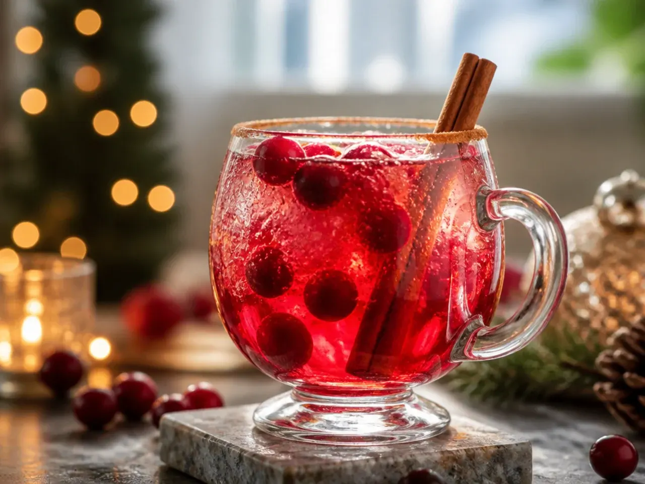 Cranberry spritz cocktail in a wine glass with floating frozen cranberries and a lime wheel garnish