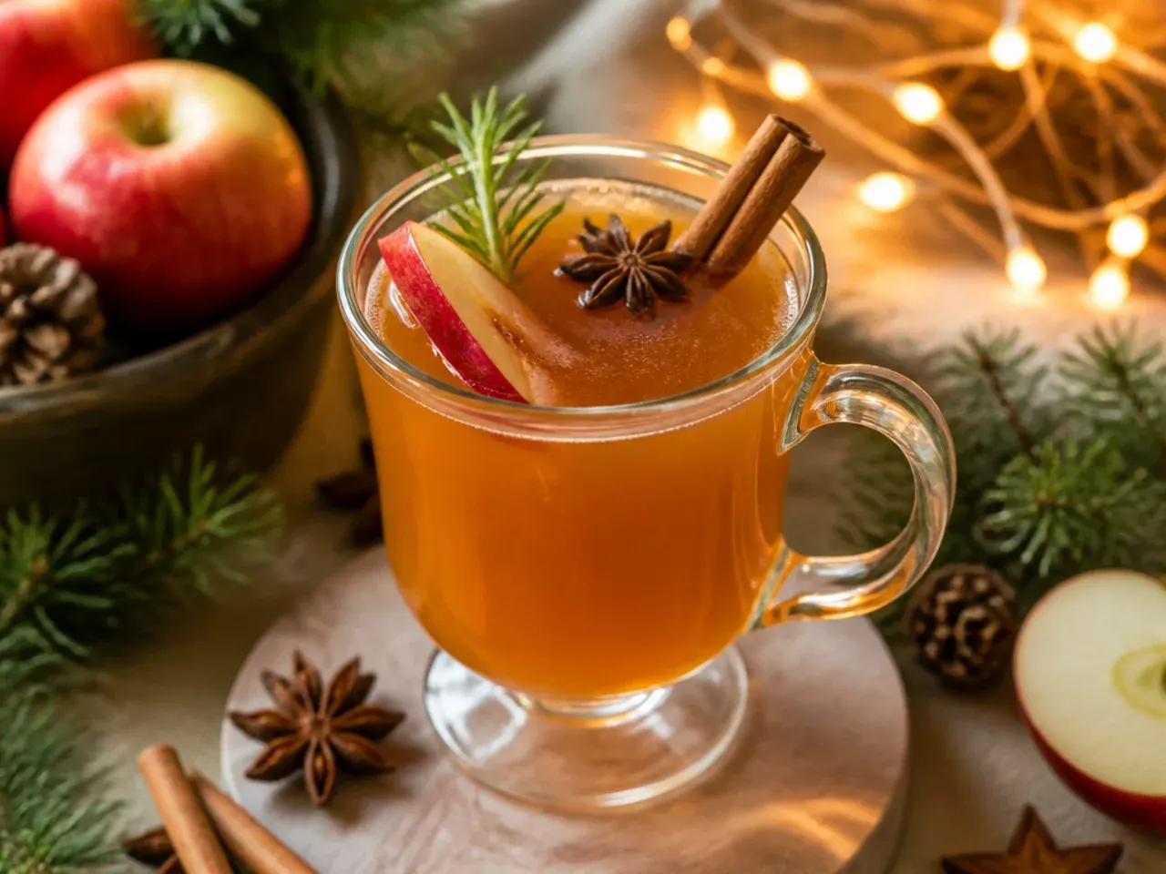 Steaming mug of spiced apple cider with a cinnamon stick stirrer and orange slice on a rustic table