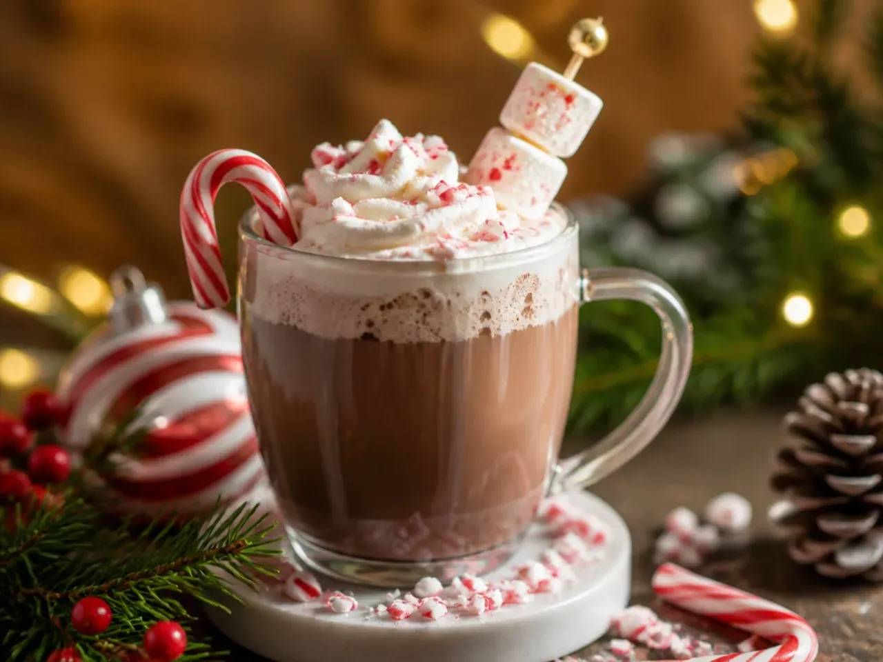 Pink-tinted candy cane hot cocoa in a mug topped with whipped cream and crushed peppermint candy