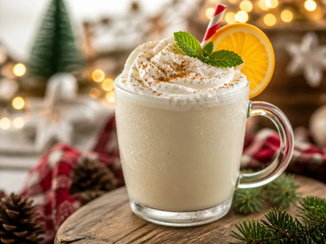 Thick eggnog milkshake in a tall glass topped with whipped cream and grated nutmeg
