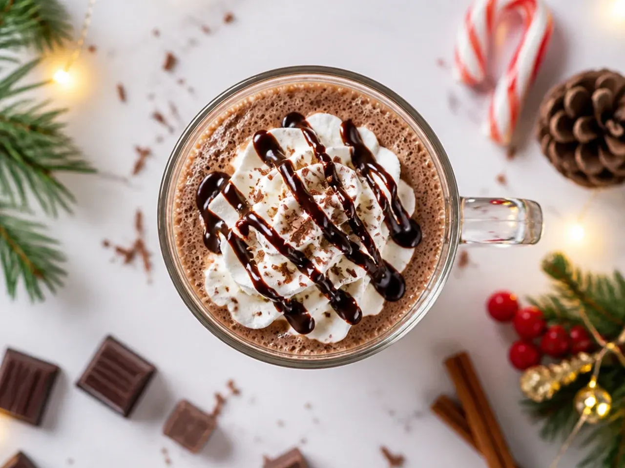 Simple rich hot chocolate in a white mug with steam rising, chopped dark chocolate beside it