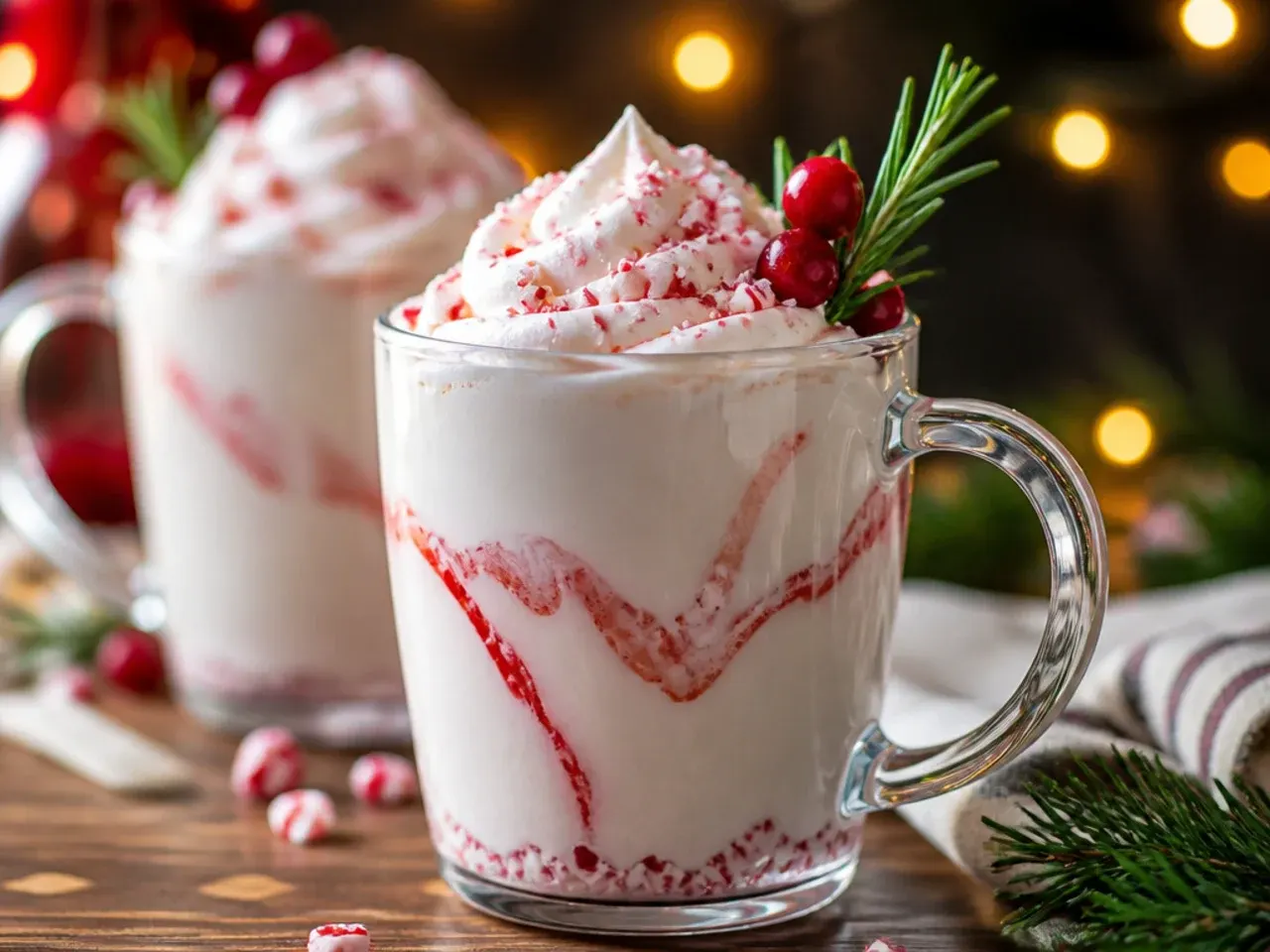 Frothy blended white hot chocolate in a candy-cane-rimmed glass with a striped straw