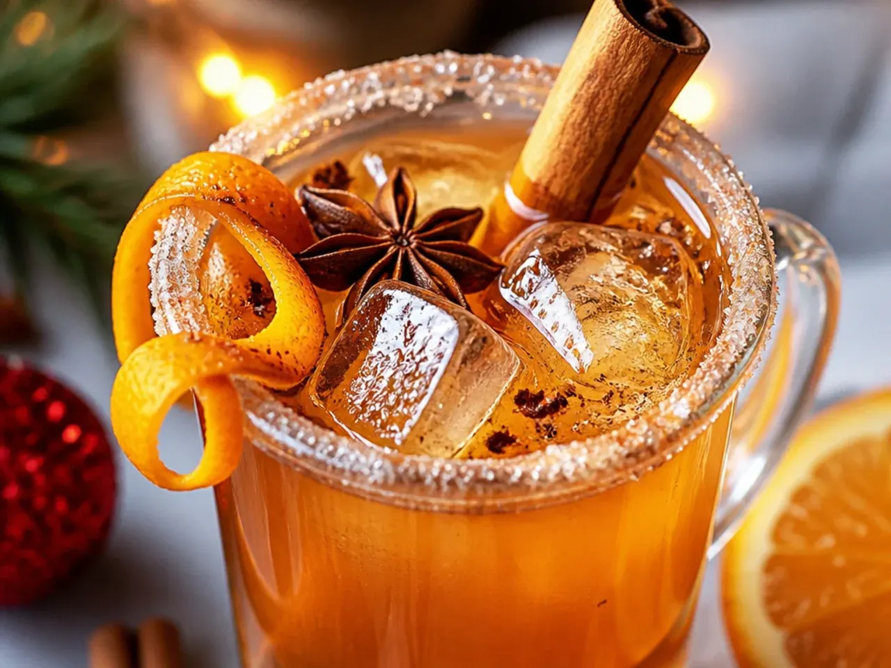 Amber spiced chai mulled cider in a glass mug with cardamom pods and a cinnamon stick