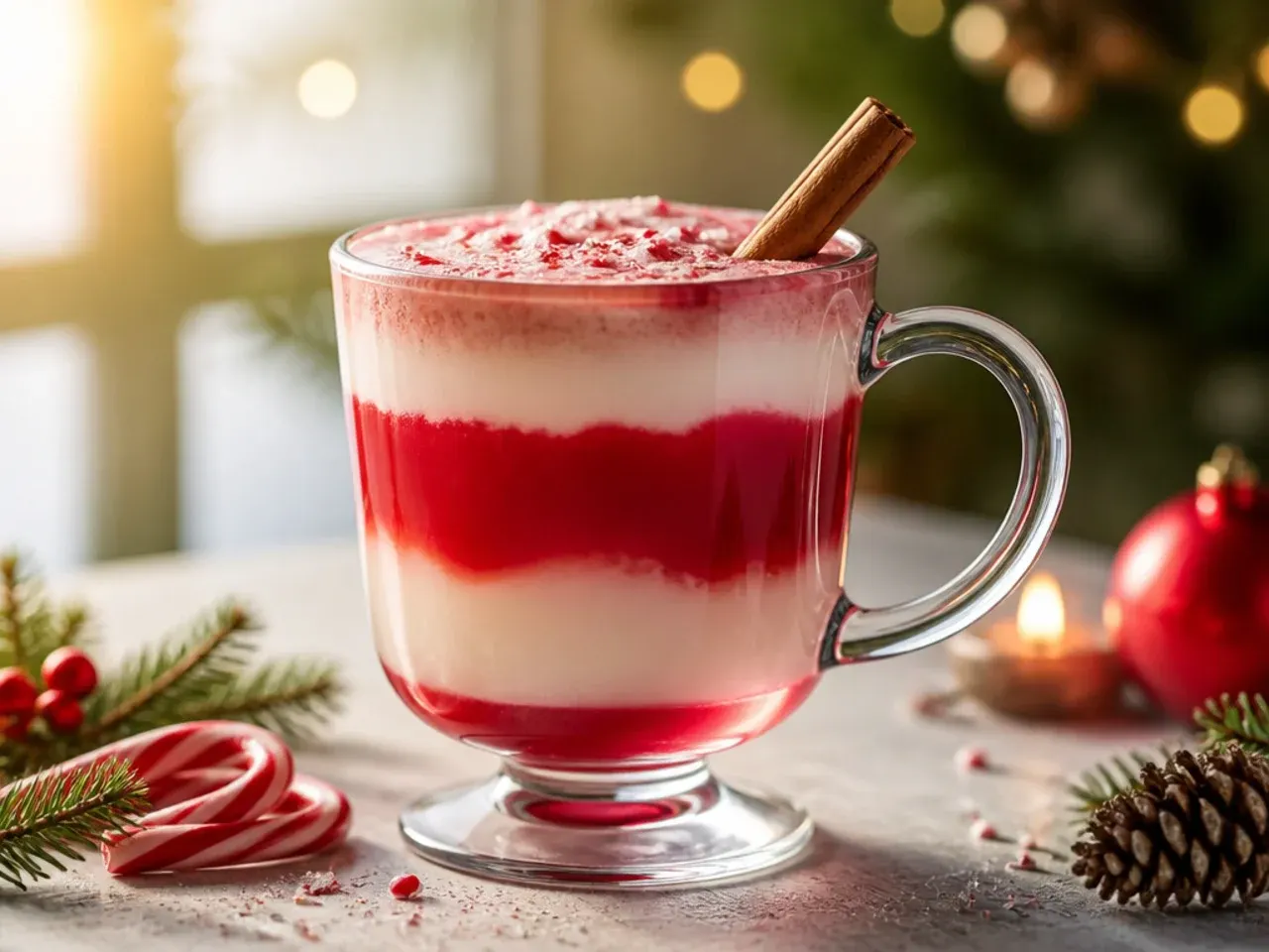 Layered red and clear candy cane cocktail in a glass with a candy cane stirrer on the rim