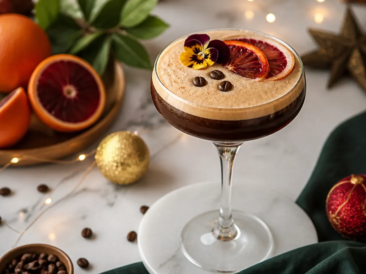 Espresso Christmas martini in a chilled glass with a foam cap and three coffee beans floating on top
