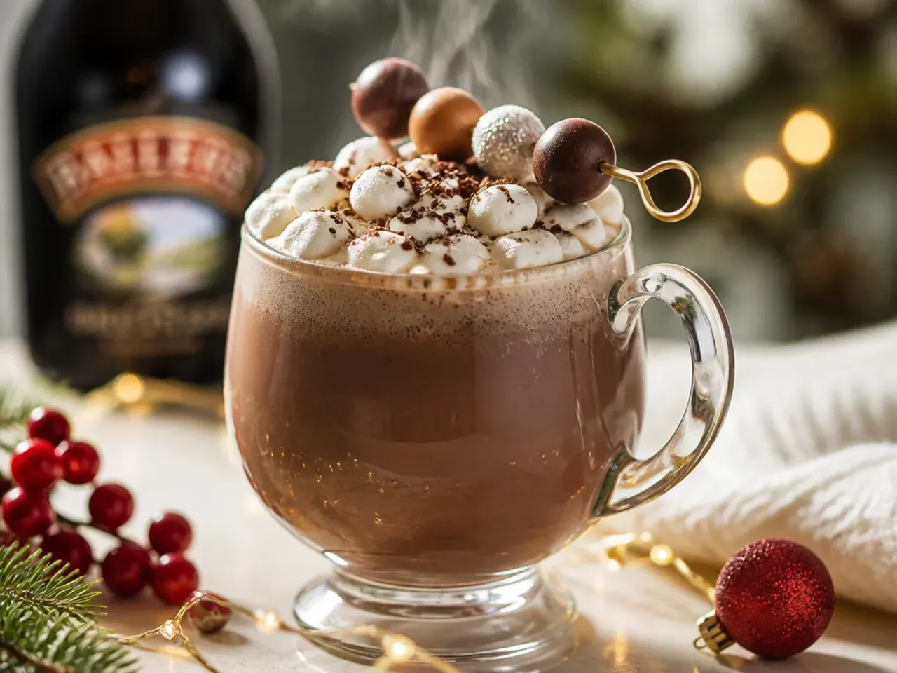 Baileys hot chocolate in a glass mug topped with whipped cream and a drizzle of Irish cream liqueur