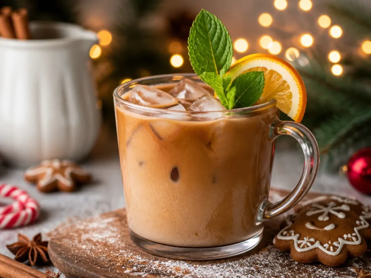 Iced gingerbread oat milk latte in a glass with visible foam layer and a dusting of cinnamon on top
