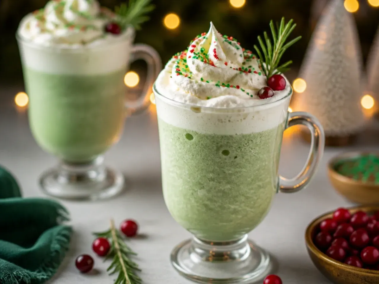 Green Christmas tree frappuccino in a clear cup topped with whipped cream and green sprinkles