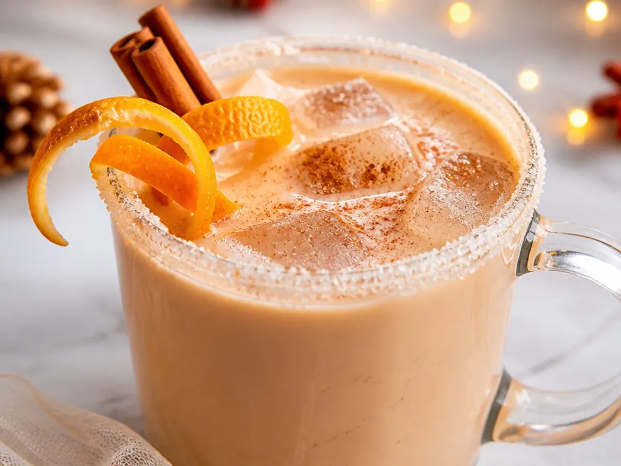 Creamy coquito served in small glasses with a dusting of cinnamon and a cinnamon stick garnish