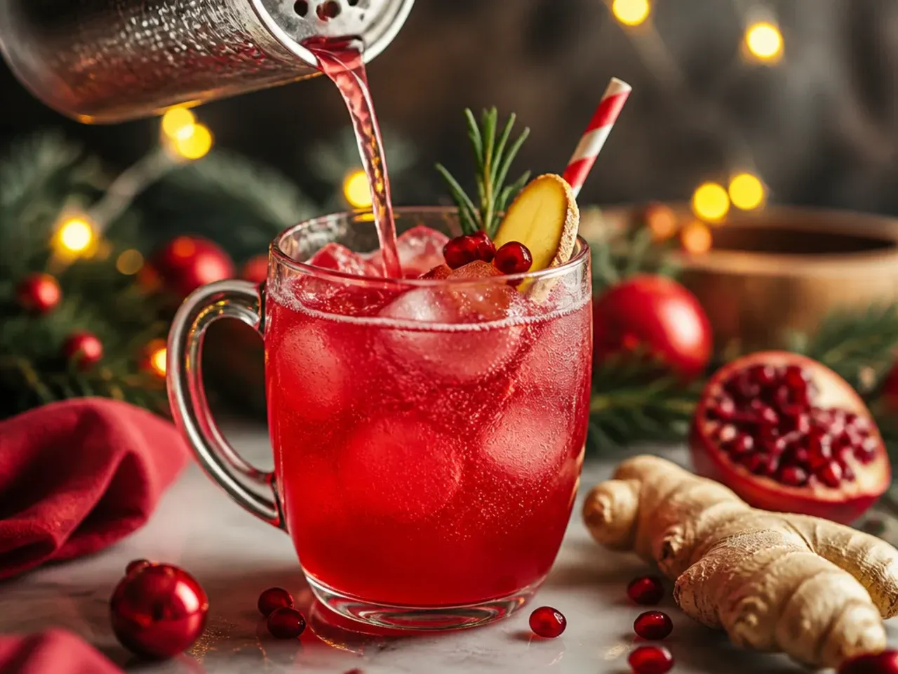 Ruby-red pomegranate ginger fizz in a highball glass garnished with pomegranate seeds and a lime wheel