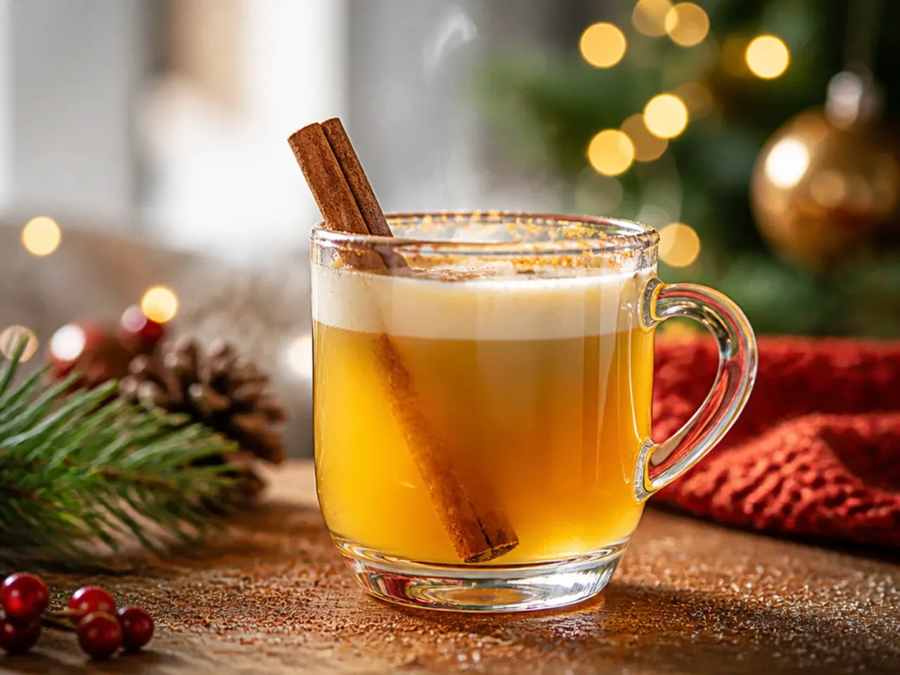 Hot buttered rum in a heatproof glass mug with a pat of butter melting on top and a cinnamon stick