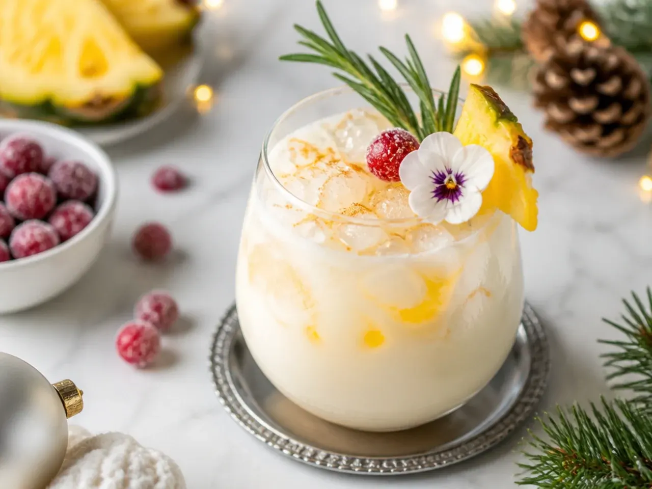 Pale yellow snowball cocktail in a small glass with a maraschino cherry garnish