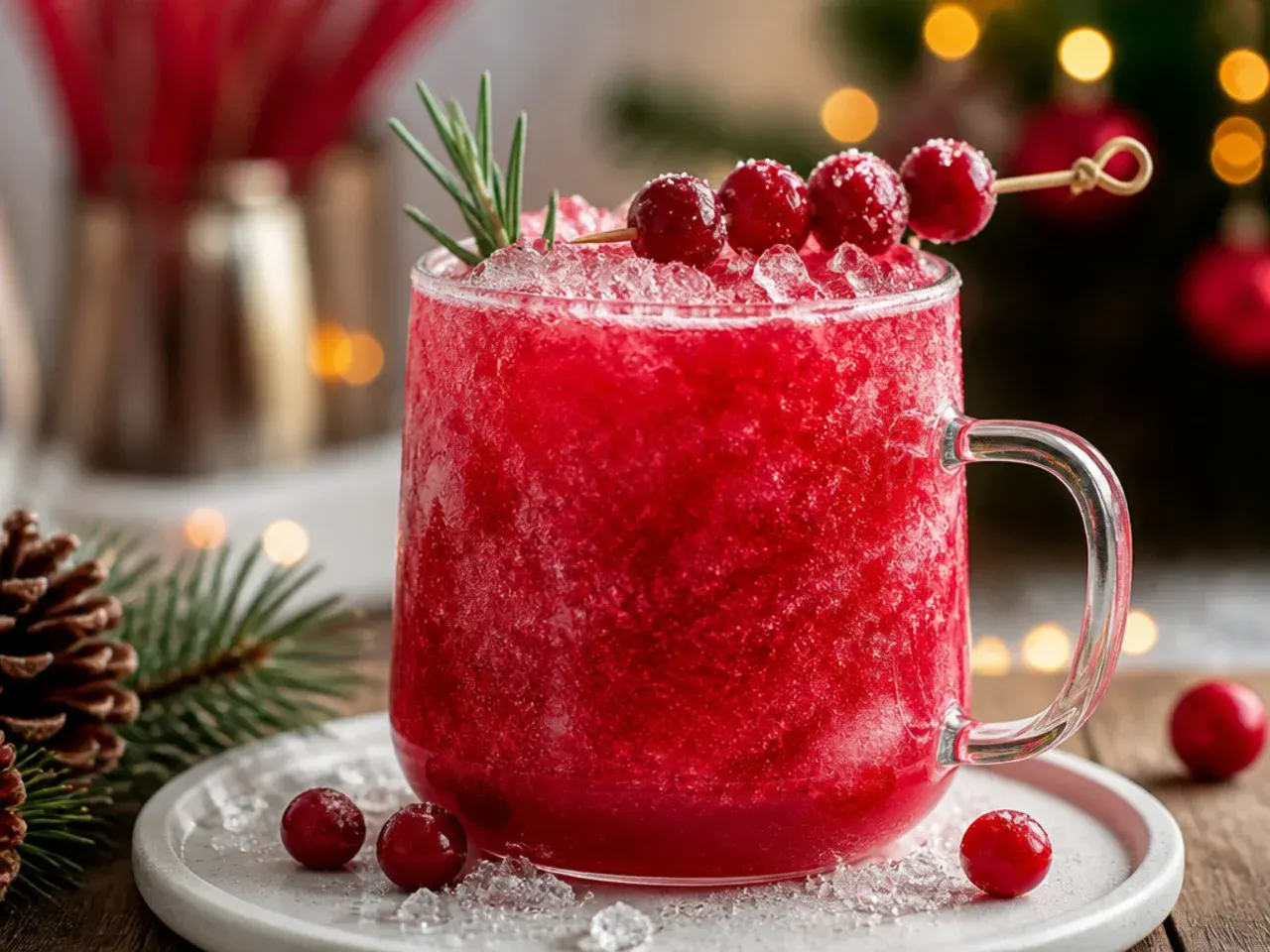 Frozen cranberry slush in a sugar-rimmed glass with fresh cranberries scattered around the base