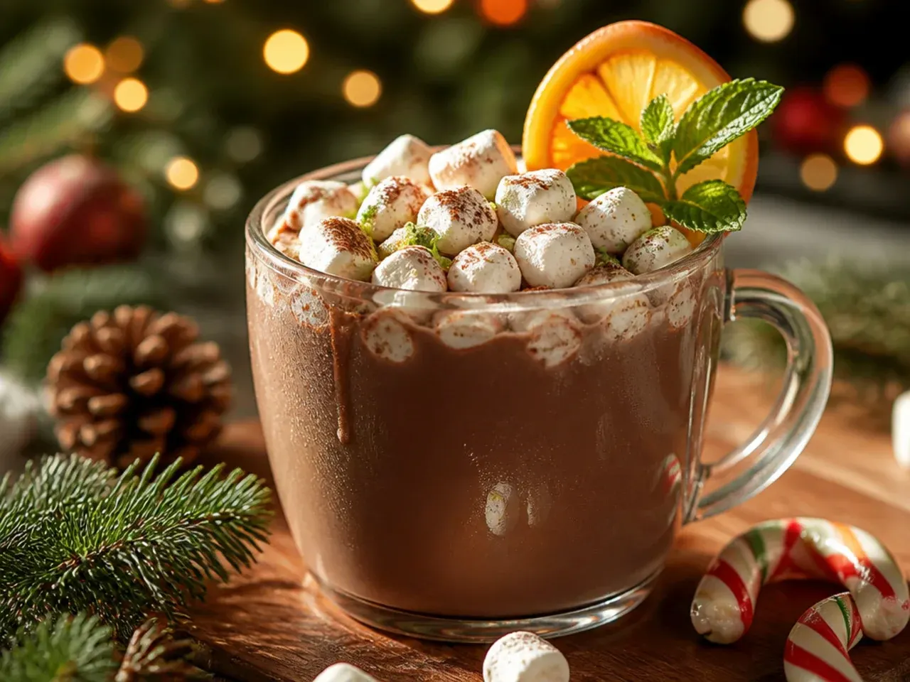 Hot cocoa bomb melting open in a mug of steaming milk, releasing mini marshmallows