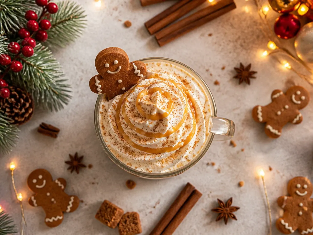 Thick gingerbread milkshake in a glass topped with whipped cream and a crumbled gingerbread biscuit