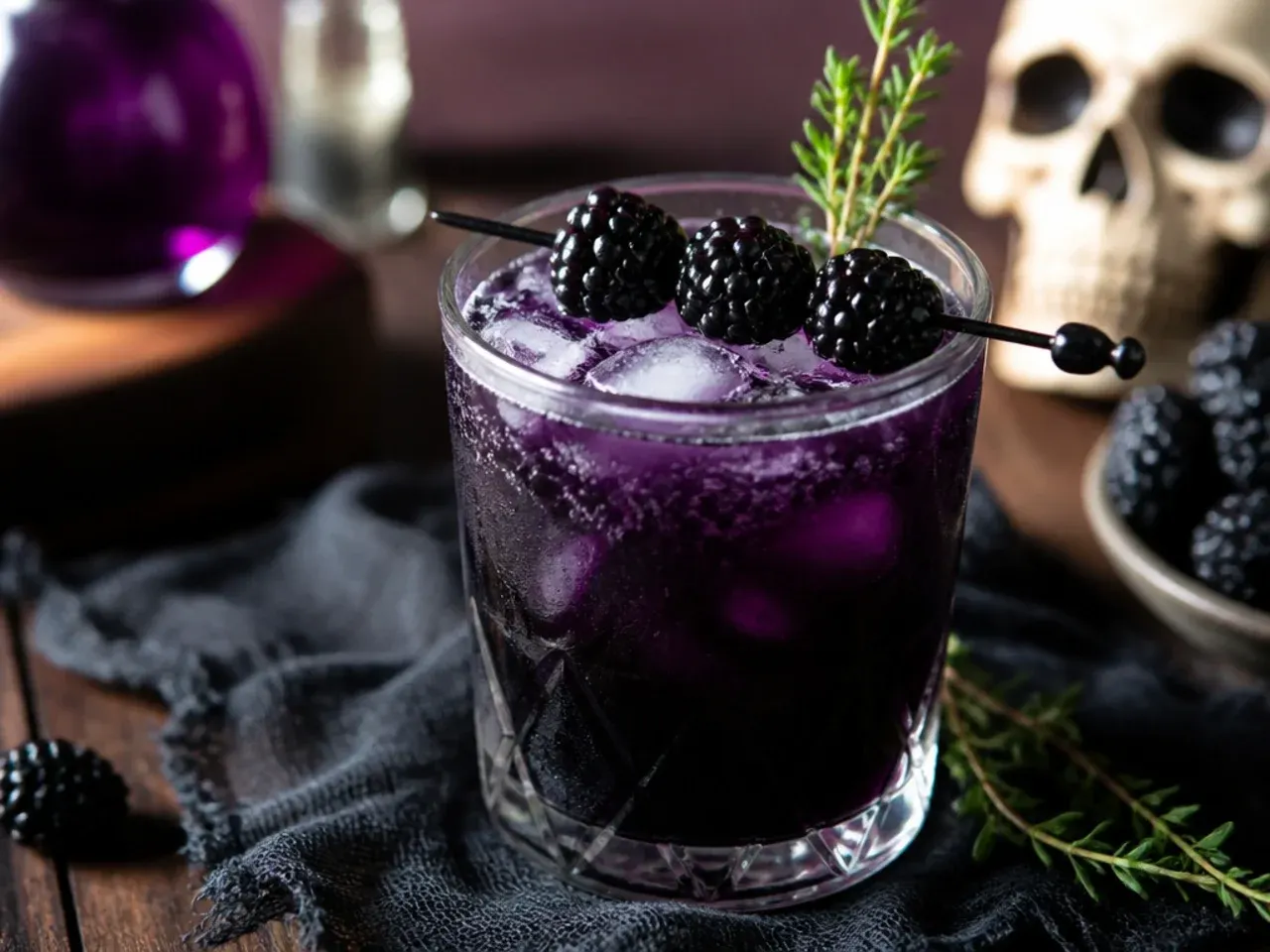A spread of colourful Halloween drinks including punch, milkshakes and mocktails arranged on a table with pumpkins and spooky decorations.
