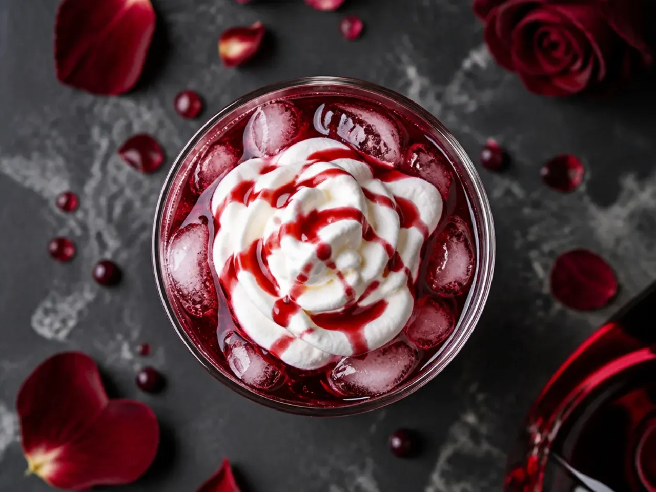 A tall glass of iced black tea with red grenadine syrup swirling down through the ice like blood.