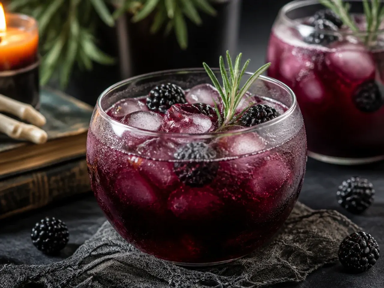 A green fizzing punch in a black cauldron bowl with lime sherbet floating on top and smoky fog rolling over the edge.